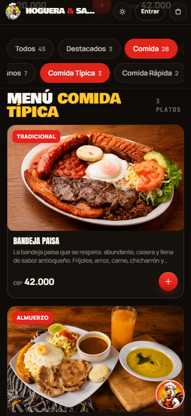 Carta real de comida típica del menú digital de Hoguera y Sabor.