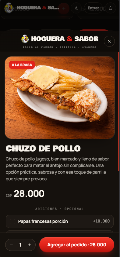 Detalle real de producto en el menú digital de Hoguera y Sabor.