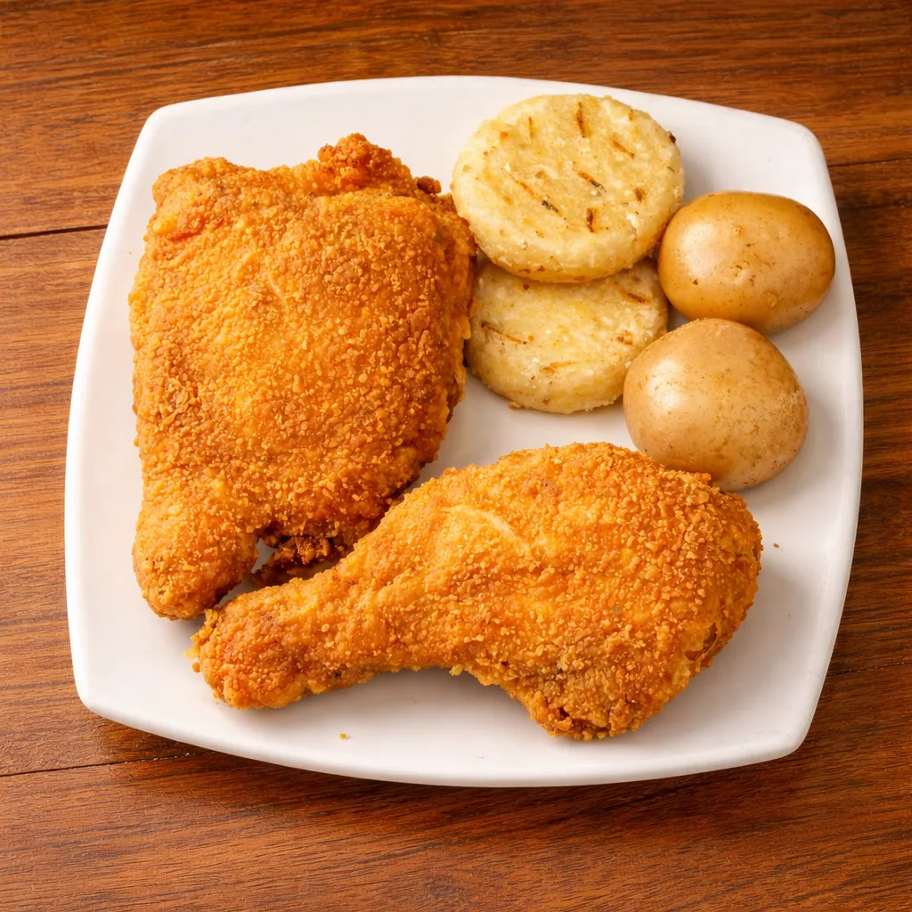 Foto optimizada del mismo cuarto de pollo apanado con acompañamientos sobre una mesa de madera.