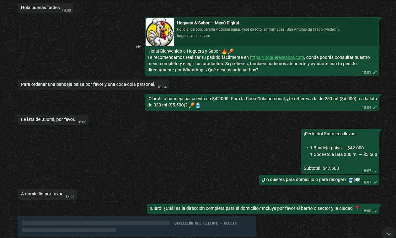 Agente de WhatsApp tomando un pedido de domicilio